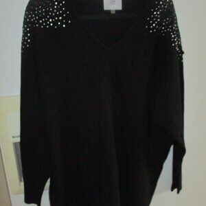 LIV Milano Womens Black Embellished Long Sleeve vneck knit 1x